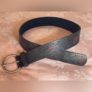 Black Leather Rose Embossed Belt